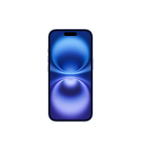 Smartfon Apple iPhone 16 w kolorze ultramaryna, widok od frontu na włączony ekran z abstrakcyjną niebieską tapetą oraz charakterystycznym wcięciem Dynamic