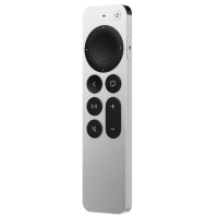 Srebrny pilot Apple TV z czarnym panelem dotykowym, przyciskami nawigacyjnymi, regulacji głośności, wyciszenia oraz bocznym przyciskiem aktywacji Siri.