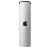 Srebrny pilot do Apple TV z czarnym panelem dotykowym na górze oraz wyraźnym logo Apple umieszczonym centralnie na aluminiowej obudowie, widok z przodu.