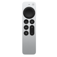 Srebrny pilot Apple TV z czarnym panelem sterowania, okrągłym przyciskiem nawigacyjnym, przyciskami głośności, wyciszania oraz włącznikiem w prawym górnym rogu.