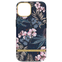 Etui Richmond Finch Floral Jungle do iPhone 14 z motywem różowych kwiatów i liści na granatowym tle, ze złotą ramką aparatu oraz logo na złotej listwie.