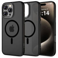 Czarne etui Tech-Protect MagEdge z MagSafe do iPhone 16 Pro, prezentowane w trzech ujęciach: tył z wyspą aparatów, profil oraz przód z widocznym ekranem.