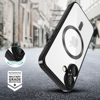 Przezroczyste etui Tech-Protect MagFlex do iPhone 16 w czarnej ramce z pierścieniem MagSafe i wzmocnioną ochroną aparatu, certyfikat MIL-STD-810H 516.8.