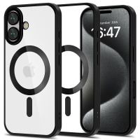 Etui Tech-Protect MagFlex MagSafe do iPhone 16 w kolorze satin black, prezentowane w trzech ujęciach ukazujących przezroczyste plecki, pierścień magnetyczny i