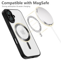 Etui Tech-Protect MagFlex do iPhone 16 w kolorze satin black z magnetycznym pierścieniem MagSafe, obok którego unosi się ładowarka z napisem Compatible with