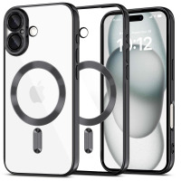 Przezroczyste etui Tech-Protect MagFlex z czarną ramką i pierścieniem MagSafe do iPhone 16, prezentowane w widoku z tyłu oraz na zamontowanym telefonie.