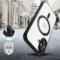 Etui Tech-Protect MagFlex do iPhone 16 w kolorze satin black z magnetycznym pierścieniem MagSafe, widoczna wyspa aparatów i certyfikat MIL-STD-810H 516.8.
