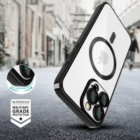 Przezroczyste etui Tech-Protect MagFlex do iPhone 16 Pro w kolorze shiny black z widocznym pierścieniem MagSafe, wyspą aparatów i certyfikatem MIL-STD-810H.
