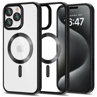 Przezroczyste etui Tech-Protect MagFlex z czarną ramką do iPhone 16 Pro, prezentujące magnetyczny pierścień MagSafe oraz widok telefonu z ekranem 6:47.