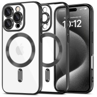 Przezroczyste etui Tech-Protect MagFlex z czarną ramką do iPhone 16 Pro, prezentujące magnetyczny pierścień MagSafe oraz widok telefonu z ekranem.