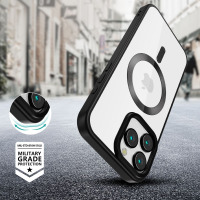 Etui Tech-Protect MagFlex do iPhone 16 Pro w kolorze satin black z magnetycznym pierścieniem MagSafe, widoczna wyspa aparatów i certyfikat ochrony wojskowej.