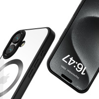 Etui Tech-Protect MagFlex do iPhone 16 w kolorze satin black z widocznym pierścieniem MagSafe, obok telefon z ekranem blokady wyświetlającym godzinę 16:47.