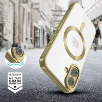 Przezroczyste etui Tech-Protect MagFlex w kolorze satin gold do iPhone 16 z magnetycznym pierścieniem MagSafe, widoczną wyspą aparatów i certyfikatem MIL-STD.