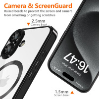 Przezroczyste etui Tech-Protect MagFlex do iPhone 16 z czarną ramką, ukazujące podniesione ranty 2,5 mm przy aparacie i 1,5 mm przy ekranie dla ochrony.
