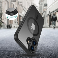 Czarne etui Tech-Protect MagMat z MagSafe do iPhone 16, ukazujące przezroczyste plecki, wyspę aparatów oraz zbliżenie na krawędź ochronną z logo producenta.