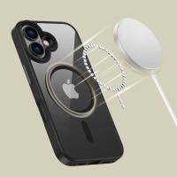 Przezroczyste etui Tech-Protect MagMat do iPhone 16 z czarną ramką, widocznym pierścieniem magnetycznym MagSafe oraz ładowarką zbliżającą się do obudowy.