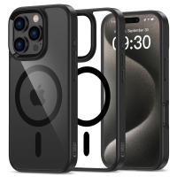 Czarne etui Tech-Protect MagMat z MagSafe do iPhone 16 Pro, prezentowane w trzech ujęciach: z tyłu z widocznym pierścieniem magnetycznym oraz na telefonie.