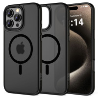 Matowe czarne etui Tech-Protect MagMat z pierścieniem MagSafe do iPhone 16 Pro, prezentowane w trzech ujęciach ukazujących tył, profil oraz przód urządzenia.