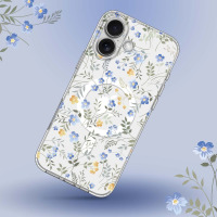 Przezroczyste etui Tech-Protect MagMood z motywem wiosennych kwiatów na iPhone 16, widoczna wyspa aparatów oraz magnetyczny pierścień MagSafe na pleckach.