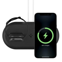 Czarna stacja dokująca Spigen ładująca jednocześnie Apple Watch oraz iPhone z widocznym na ekranie telefonu wskaźnikiem ładowania na poziomie 80 procent.
