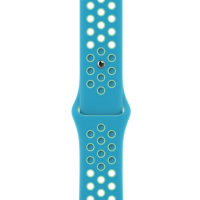 Silikonowy pasek Apple do zegarka Apple Watch w kolorze Chlorine Blue z kontrastującymi otworami w odcieniu Green Glow oraz metalowym zapięciem typu pin.