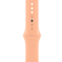 Silikonowy pasek Apple do zegarka Apple Watch 44 mm w odcieniu Cantaloupe, prezentujący perforowaną strukturę z metalowym zapięciem typu pin w centralnej