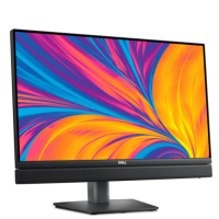 Komputer Dell OptiPlex 7420 24 All-in-One z wbudowanym soundbarem pod ekranem, widoczny w ujęciu pod kątem z kolorową, abstrakcyjną tapetą na wyświetlaczu.