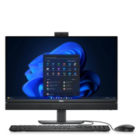 Komputer stacjonarny Dell OptiPlex 7420 All-in-One z ekranem wyświetlającym system Windows 11, widoczna klawiatura i mysz na biurku oraz kamera u góry.