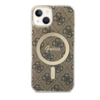 Etui Guess 4G Gold Brown do iPhone 14 z wbudowanym pierścieniem MagSafe w kolorze złotym, ozdobione charakterystycznym brązowym wzorem z logo marki.