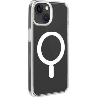Przeźroczyste etui PURO Litemag do iPhone 13 i 14 z widocznym białym pierścieniem magnetycznym MagSafe na pleckach oraz wycięciem na wyspę aparatów.