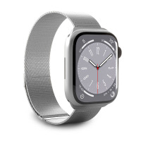 Srebrny pasek Puro Milanese do Apple Watch z drobną metalową plecionką, zapięty na zegarku z tarczą wskazującą godzinę 10:10 i widocznymi ikonami aplikacji.