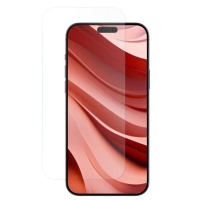 Przezroczyste szkło hartowane JCPAL iClara do iPhone 16, ukazane w formie nakładki ochronnej nad smartfonem z czerwoną, abstrakcyjną tapetą na wyświetlaczu.