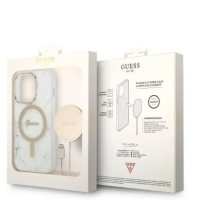 GUBPP14LHMEACSH Etui do iPhone 14 Pro Rzeszów Guess 4G Gold White Magsafe plus ładowarka