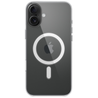 Przezroczyste etui Apple MagSafe do iPhone 16 Plus z widocznym magnetycznym pierścieniem, logo Apple na środku oraz wycięciem na podwójny aparat fotograficzny.