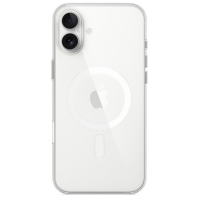 Przezroczyste etui Apple MagSafe do iPhone 16 Plus, widok na tylny panel z charakterystycznym okręgiem ładowania oraz pionowym układem podwójnego aparatu.