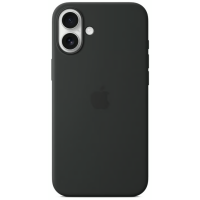 Czarne silikonowe etui Apple MagSafe do iPhone 16 Plus, widok na tylną ściankę z charakterystyczną wyspą aparatów, lampą błyskową oraz logo Apple na środku.