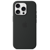 Czarne etui silikonowe Apple z technologią MagSafe do iPhone 16 Pro, widok na plecki z wycięciem na potrójny aparat oraz centralnie umieszczonym logo Apple.