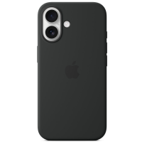 Czarne etui silikonowe Apple MagSafe do iPhone 16, widok na tylną część obudowy z charakterystyczną wyspą aparatów oraz centralnie umieszczonym logo Apple.