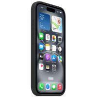 Czarne etui silikonowe Apple MagSafe na smartfonie iPhone 16, widok z boku prezentujący przyciski głośności oraz włączony ekran z interfejsem iOS 18.