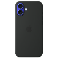 Czarne silikonowe etui Apple MagSafe do iPhone 16 Plus z widoczną wyspą aparatów o niebieskich obwódkach oraz logo Apple na środku tylnego panelu.