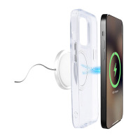Przezroczyste etui PURO Litemag do iPhone 14 Pro z magnetycznym pierścieniem MagSafe, ustawione obok smartfona z widoczną ikoną ładowania na ekranie.