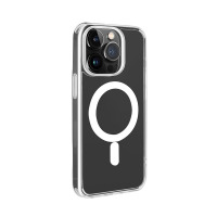 Przezroczyste etui PURO Litemag do iPhone 14 Pro z widocznym białym okręgiem magnetycznym MagSafe na pleckach oraz wycięciem na potrójny aparat fotograficzny.
