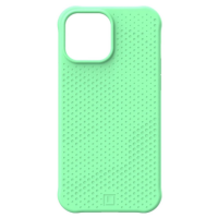 Miętowe etui UAG Dot do iPhone 13 Pro Max z charakterystyczną kropkowaną fakturą na pleckach oraz wycięciem na wyspę aparatów i logo marki u dołu.