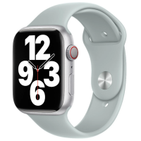 Apple Watch w srebrnej kopercie z silikonowym paskiem w kolorze Succulent, widoczny od frontu z tarczą zegarka wyświetlającą cyfry 12, 3, 6 oraz 9.