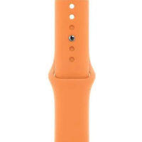 Pomarańczowy pasek silikonowy Apple do zegarka Apple Watch w kolorze Marigold z widocznym metalowym trzpieniem zapięcia oraz rzędem otworów regulacyjnych.