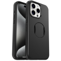 Czarne etui OtterBox OtterGrip z MagSafe do iPhone 15 Pro Max, widok na tył z wbudowanym uchwytem oraz na przód urządzenia z widoczną wyspą aparatów.