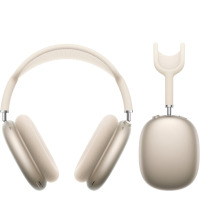 Słuchawki Apple AirPods Max w kolorze księżycowa poświata, ukazane w dwóch ujęciach: od przodu z widocznym pałąkiem oraz z boku z widocznymi przyciskami.