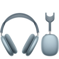Słuchawki Apple AirPods Max w kolorze niebieskim, widok z przodu oraz z boku ukazujący metalową konstrukcję, siatkowy pałąk i nauszniki z przyciskami.