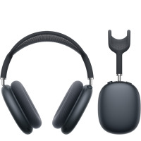 Słuchawki Apple AirPods Max w kolorze północ, widok z przodu oraz profil z odsłoniętym pałąkiem i nausznikami o charakterystycznej siatkowej konstrukcji.