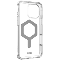 Przezroczyste etui UAG Plyo z wbudowanym pierścieniem MagSafe do iPhone 16 Pro Max, widok na plecki z wycięciem na wyspę aparatów i logo marki u dołu.